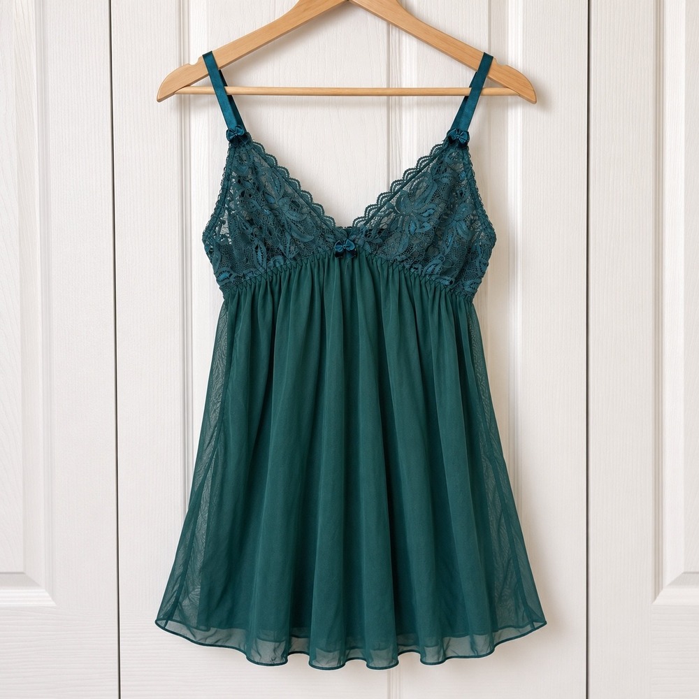 Teal Green Lace Mesh Babydoll Chemise Lingerie Small